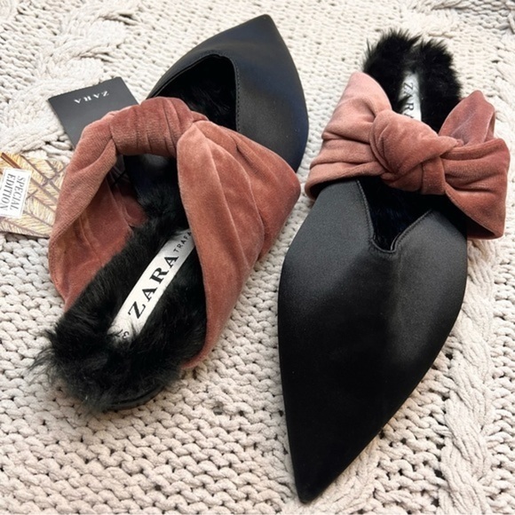 ZARA NWT Satin Faux Fur Lined Mules Velvet Bow Detail‎ Size 37 SPECIAL EDITION - Picture 1 of 7